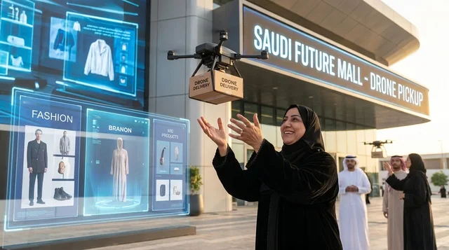 امرأة سعودية تستلم طرداً من درون خارج مول المستقبل