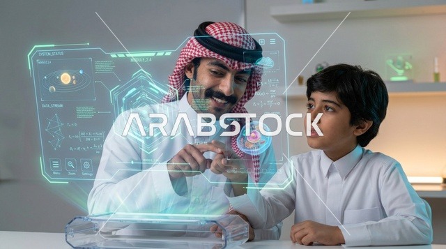 رجل سعودي مع طفل يستكشفان شاشة هولوجرام تقنية