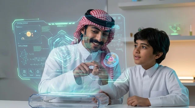 رجل سعودي مع طفل يستكشفان شاشة هولوجرام تقنية