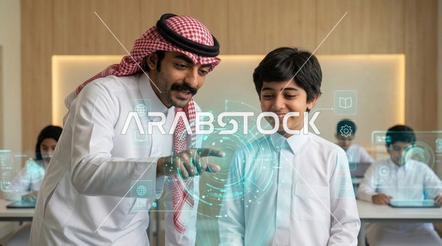 رجل سعودي مع طفل يستكشفان شاشة هولوجرام تقنية