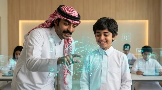 رجل سعودي مع طفل يستكشفان شاشة هولوجرام تقنية
