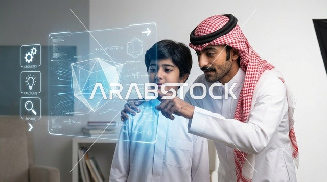 رجل سعودي مع طفل يستكشفان شاشة هولوجرام تقنية