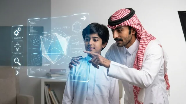 رجل سعودي مع طفل يستكشفان شاشة هولوجرام تقنية