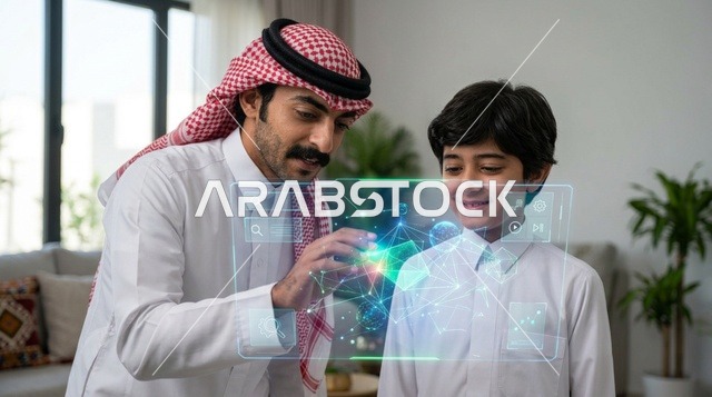 Saudi Father and Son Using Futuristic Hologram Technology