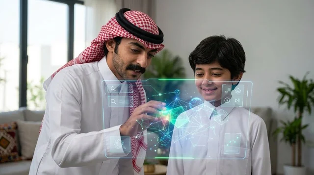 Saudi Father and Son Using Futuristic Hologram Technology
