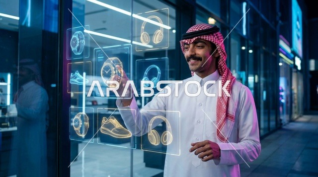 رجل سعودي يتفاعل مع شاشة هولوغرام للتسوق ليلاً