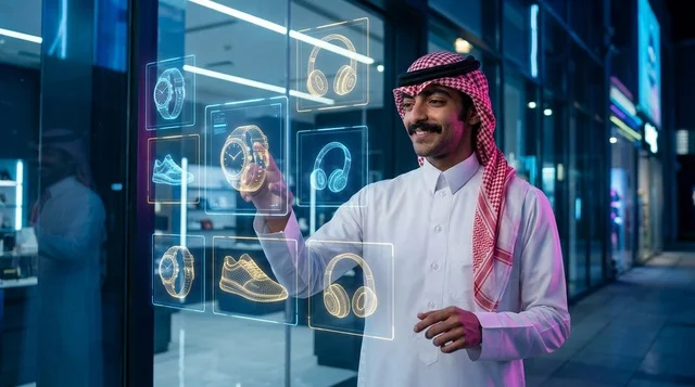 Saudi Man Interacting with Holographic Screen at Night