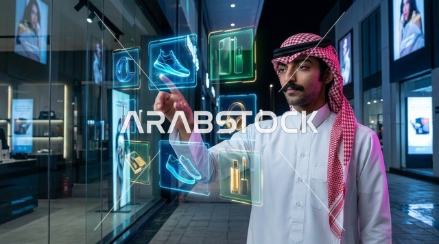 Saudi Man Using Virtual Hologram Shopping Screen at Night