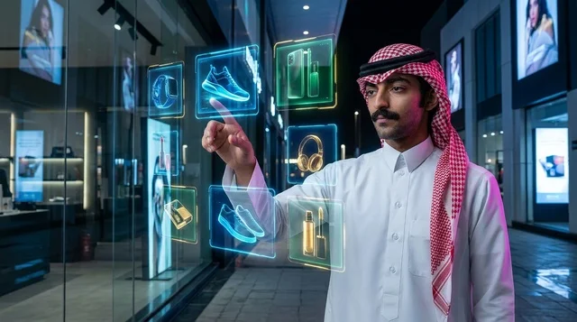 Saudi Man Using Virtual Hologram Shopping Screen at Night