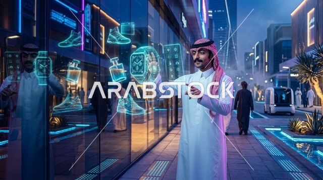رجل سعودي يتفاعل مع عرض تسوق هولوغرامي ذكي ليلا