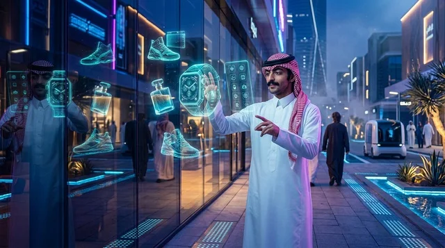 رجل سعودي يتفاعل مع عرض تسوق هولوغرامي ذكي ليلا