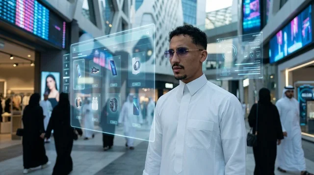 رجل سعودي بالثوب التقليدي يستخدم تقنية الهولوغرام