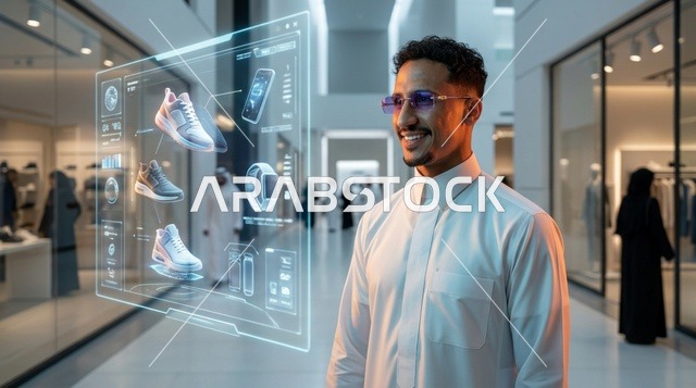 شاب سعودي يستخدم شاشة هولوغرام تفاعلية للتسوق الذكي