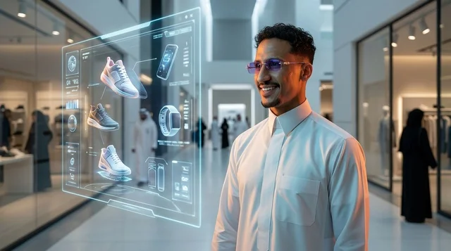 شاب سعودي يستخدم شاشة هولوغرام تفاعلية للتسوق الذكي
