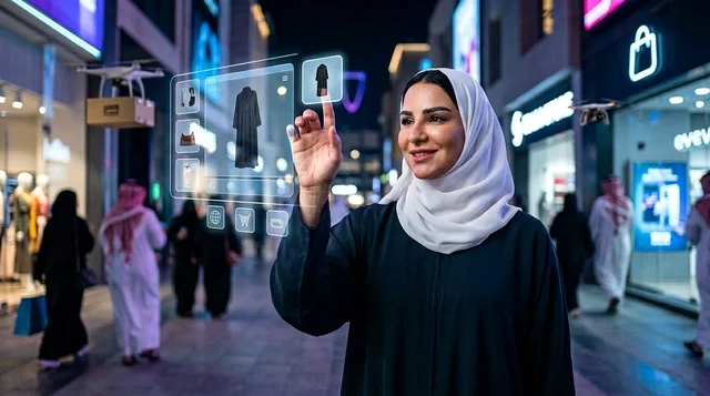 امرأة إماراتية تتسوق عبر شاشة هولوغرامية تفاعلية ليلاً