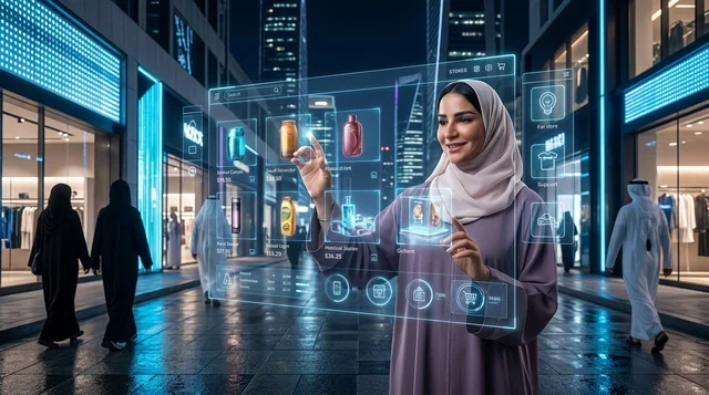 Emirati Woman Holographic Digital Shopping at Night