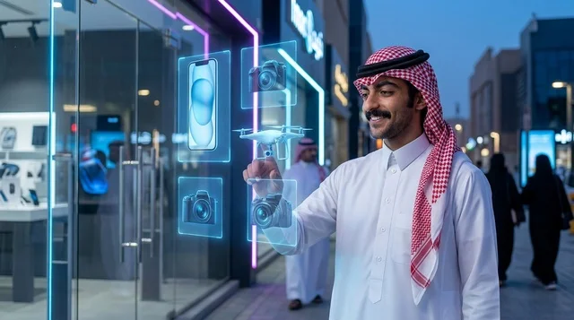 A Saudi young man uses hologram technology in a futuristic city.