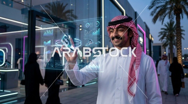 تسوق رجل سعودي عبر تقنية الهولوغرام الذكية ليلاً