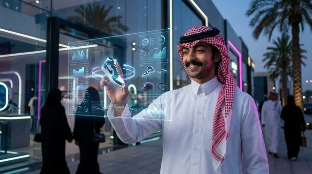 تسوق رجل سعودي عبر تقنية الهولوغرام الذكية ليلاً