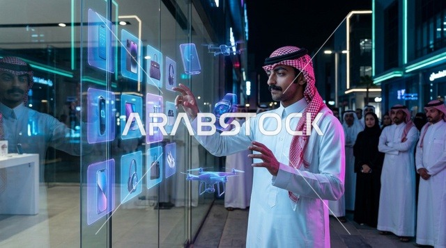 رجل سعودي يتفاعل مع شاشة عرض هولوغرامية مستقبلية ليلاً