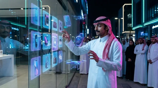 Saudi Man Interacting with Holographic Store Display