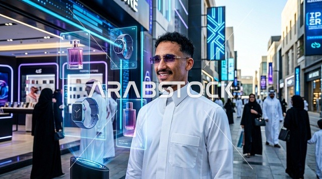 شاب سعودي بالثوب التقليدي في شارع تسوق مستقبلي