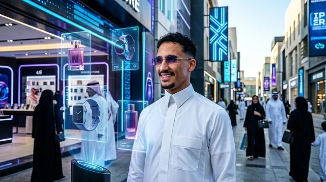 Saudi Man in Thobe at Futuristic Shopping Mall