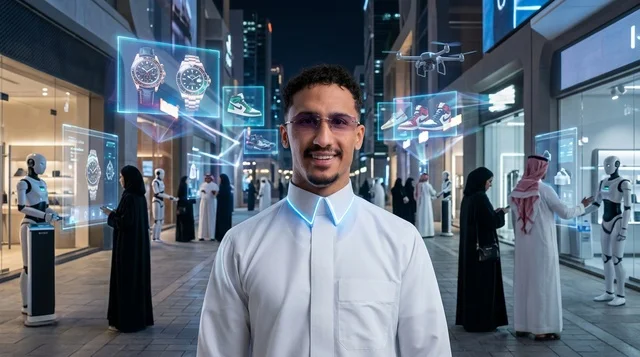 رجل سعودي بثوب مستقبلي ذكي في شارع تسوق بالذكاء الاصطناعي