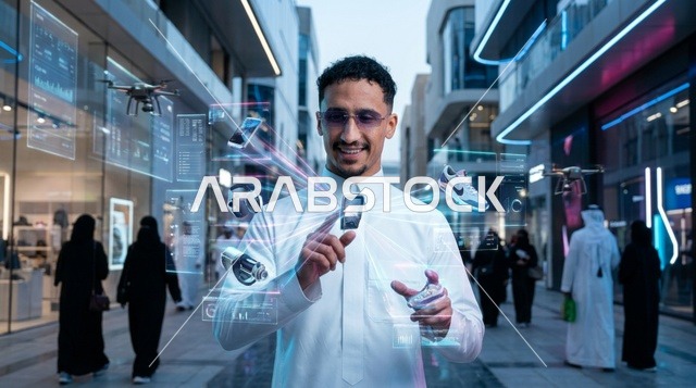 Saudi Man Using Holographic Technology in Futuristic City