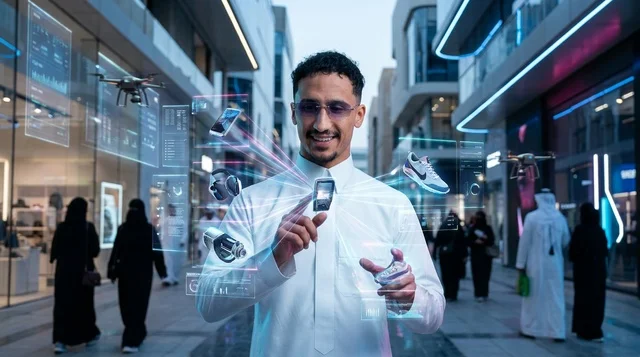 Saudi Man Using Holographic Technology in Futuristic City