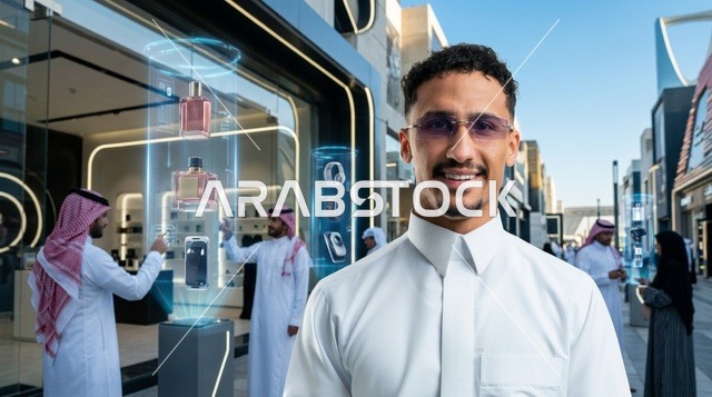A Saudi young man uses hologram technology in a futuristic city.