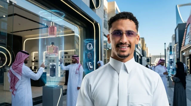 A Saudi young man uses hologram technology in a futuristic city.