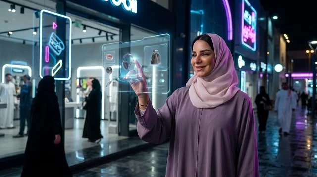 امرأة إماراتية تتسوق عبر شاشة هولوغرامية تفاعلية ليلاً