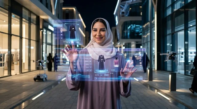 امرأة عربية تتسوق عبر شاشة هولوغرام ليلاً