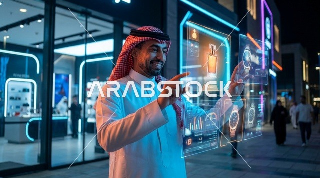 رجل سعودي يستخدم شاشة تسوق هولوغرامية تفاعلية ليلاً