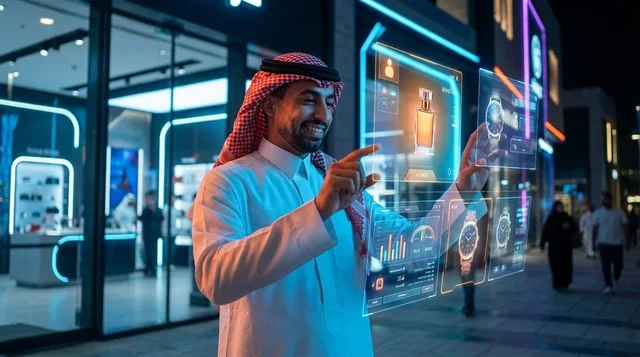 رجل سعودي يستخدم شاشة تسوق هولوغرامية تفاعلية ليلاً
