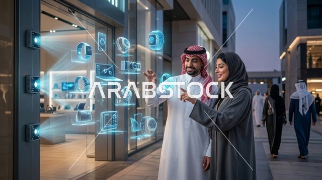 زوجان سعوديان يتفاعلان مع شاشة هولوغرام مستقبلية