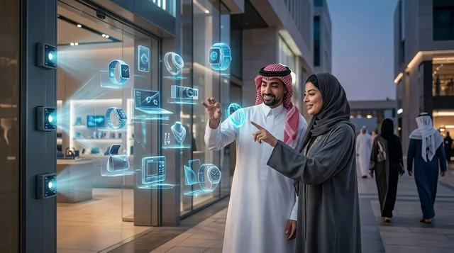 Saudi Couple Interacting with Future Hologram Display