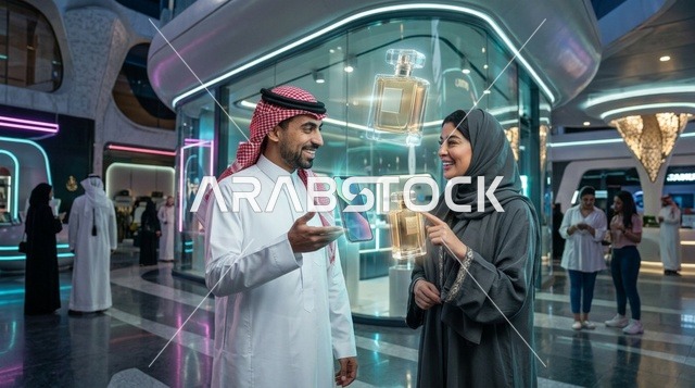 زوجان سعوديان يتفاعلان مع الهولوغرام في مول مستقبلي