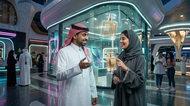 زوجان سعوديان يتفاعلان مع الهولوغرام في مول مستقبلي
