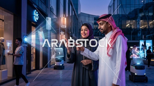 زوجان سعوديان يتفاعلان مع تقنية الهولوغرام في مدينة ذكية