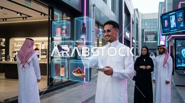 رجل سعودي يستخدم شاشة تسوق افتراضية ذكية