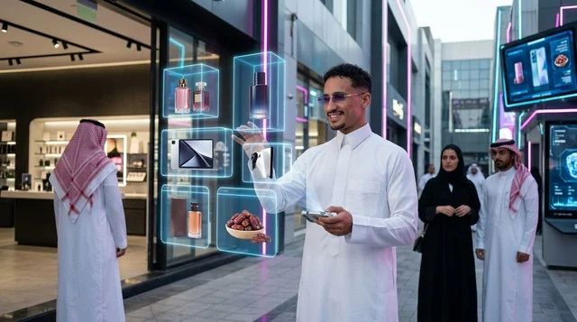 Saudi Man Using Holographic Shopping Screen at Night