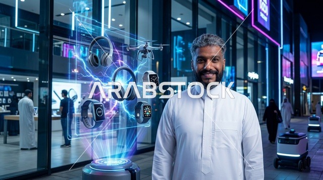رجل سعودي يتفاعل مع واجهة تسوق هولوغرامية ذكية