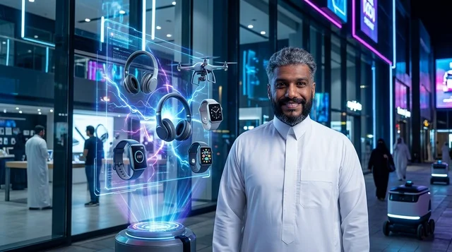 Saudi Man Interacting with Hologram Shopping Interface