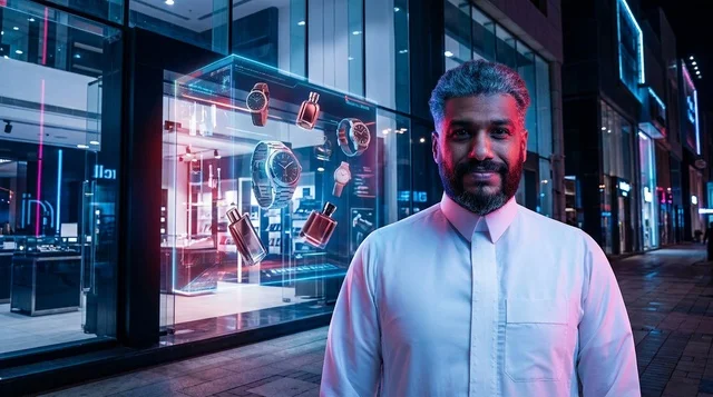 رجل سعودي بالثوب التقليدي أمام واجهة متجر مستقبلي