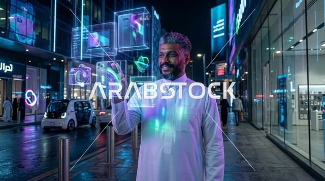 رجل سعودي يتفاعل مع واجهة تسوق هولوغرامية ذكية