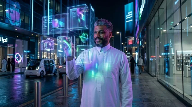رجل سعودي يتفاعل مع واجهة تسوق هولوغرامية ذكية