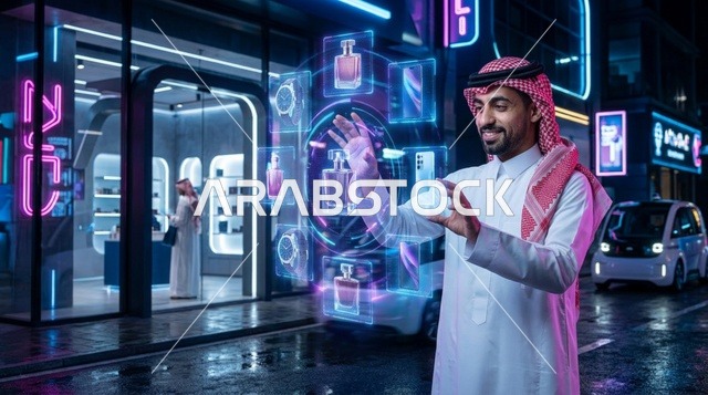 رجل سعودي يتفاعل مع واجهة تسوق هولوغرامية ذكية
