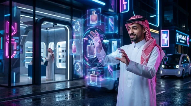 رجل سعودي يتفاعل مع واجهة تسوق هولوغرامية ذكية